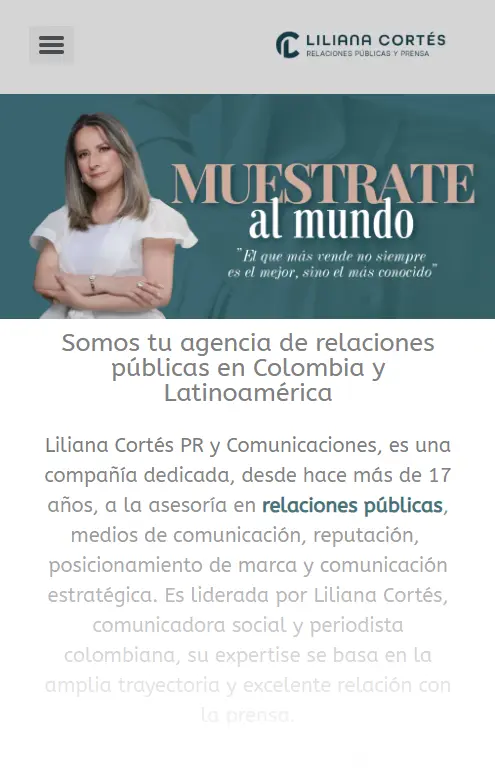 Diseño del sitio web de Liliana Cortés, comunicadora y relacionista pública, realizado por Amarillo LAB en Colombia.